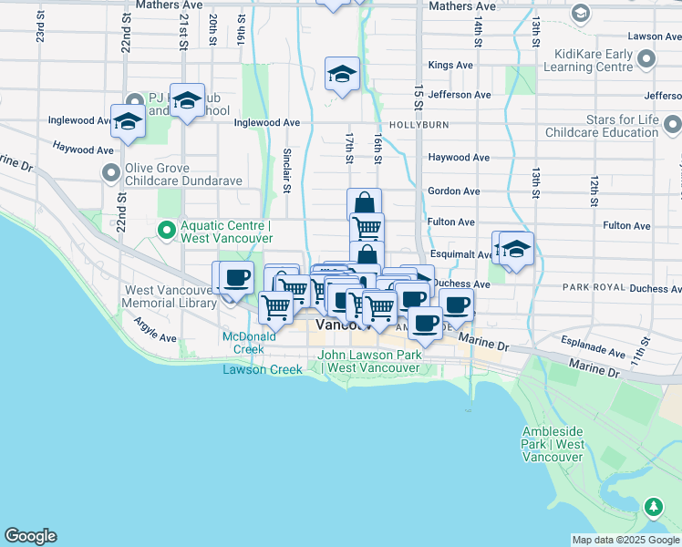 map of restaurants, bars, coffee shops, grocery stores, and more near 1717 Duchess Avenue in West Vancouver