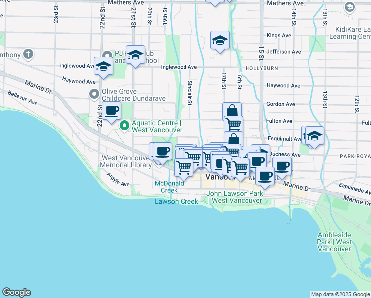 map of restaurants, bars, coffee shops, grocery stores, and more near 1869 Duchess Avenue in West Vancouver