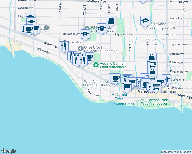 map of restaurants, bars, coffee shops, grocery stores, and more near 2110 Marine Drive in West Vancouver