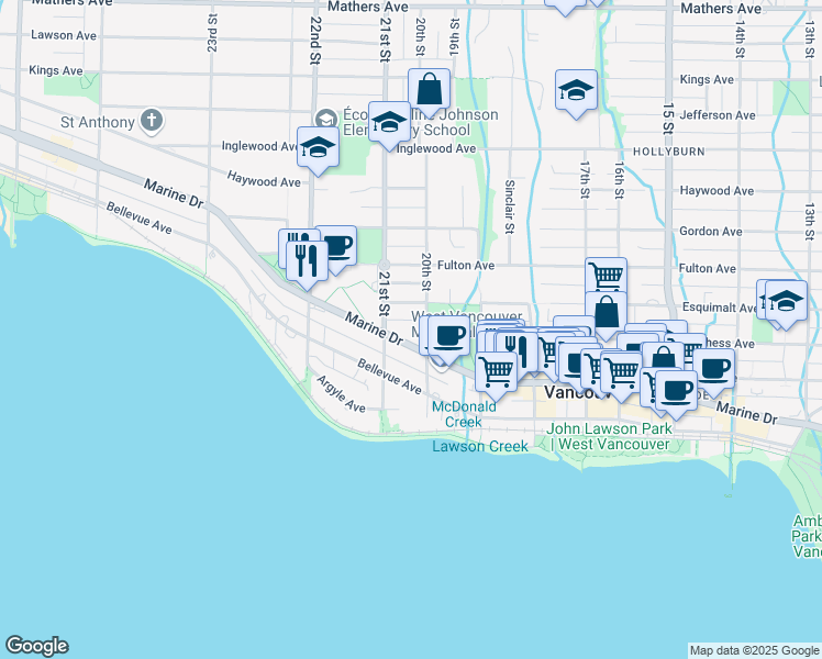 map of restaurants, bars, coffee shops, grocery stores, and more near 2095 Marine Drive in West Vancouver