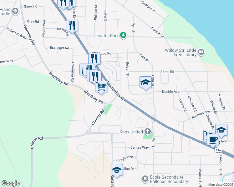map of restaurants, bars, coffee shops, grocery stores, and more near 843 Island Highway West in Parksville