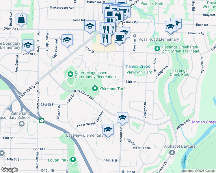 map of restaurants, bars, coffee shops, grocery stores, and more near 1259 Emery Place in North Vancouver