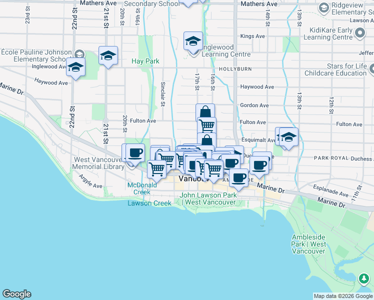 map of restaurants, bars, coffee shops, grocery stores, and more near 680 17th Street in West Vancouver