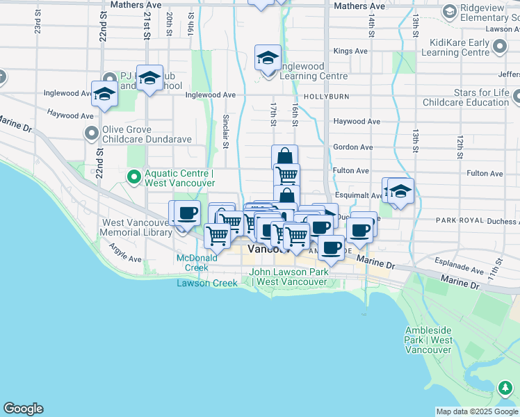 map of restaurants, bars, coffee shops, grocery stores, and more near 1737 Duchess Avenue in West Vancouver