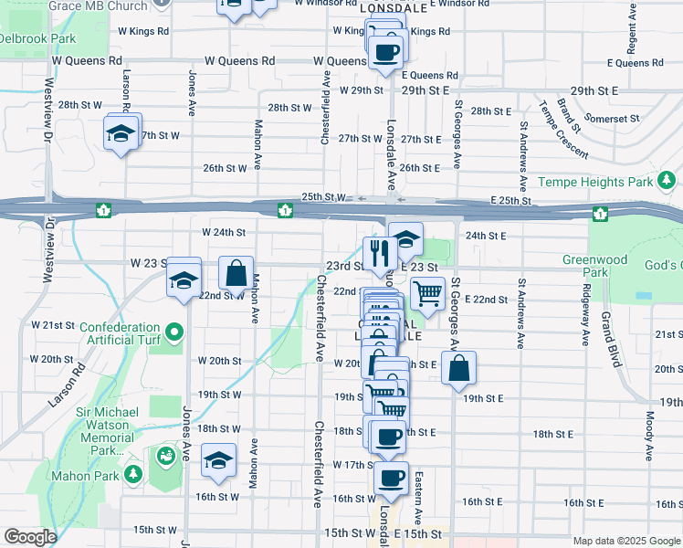 map of restaurants, bars, coffee shops, grocery stores, and more near in North Vancouver
