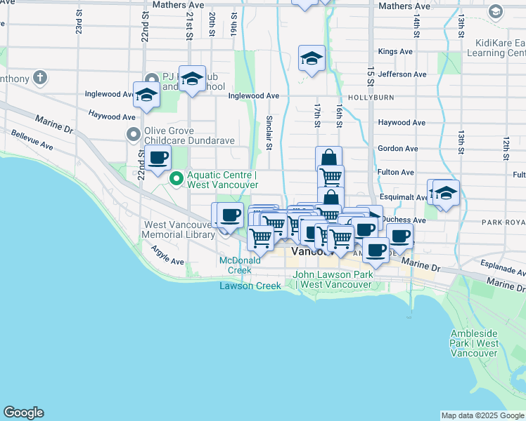 map of restaurants, bars, coffee shops, grocery stores, and more near 1869 Duchess Avenue in West Vancouver