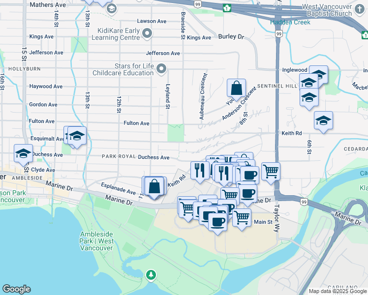map of restaurants, bars, coffee shops, grocery stores, and more near 986 Esquimalt Avenue in West Vancouver