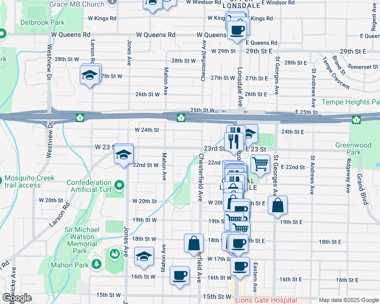 map of restaurants, bars, coffee shops, grocery stores, and more near 221 West 23 Street in North Vancouver