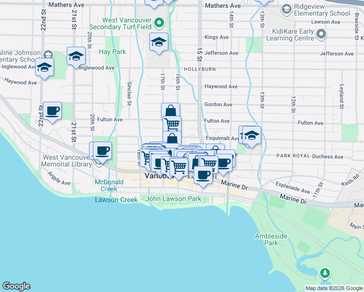map of restaurants, bars, coffee shops, grocery stores, and more near 650 16th Street in West Vancouver
