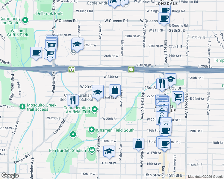 map of restaurants, bars, coffee shops, grocery stores, and more near 329 West 23 Street in North Vancouver