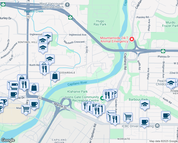 map of restaurants, bars, coffee shops, grocery stores, and more near 2020 Fullerton Avenue in North Vancouver