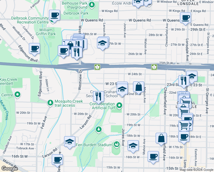 map of restaurants, bars, coffee shops, grocery stores, and more near 457 23rd Street West in North Vancouver