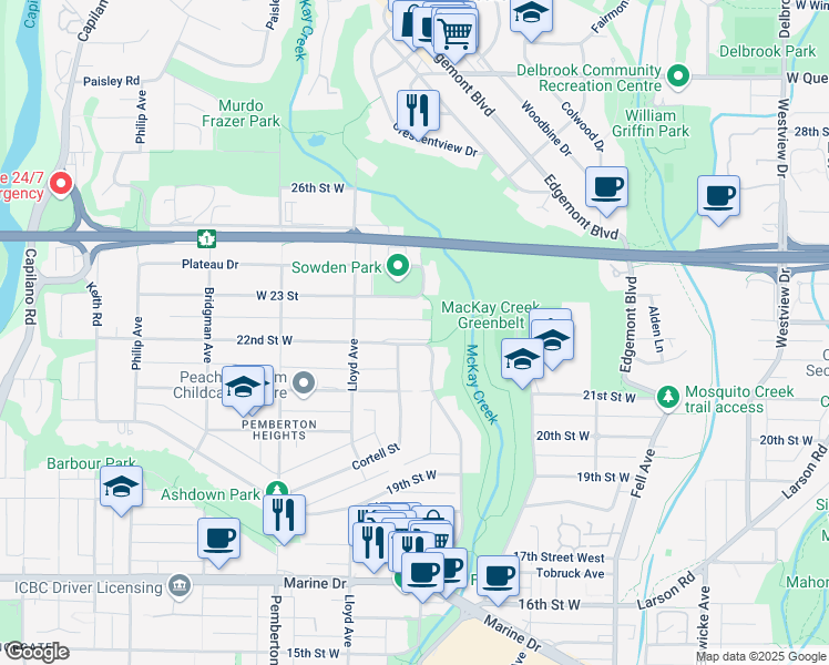 map of restaurants, bars, coffee shops, grocery stores, and more near 1020 West 22 Street in North Vancouver