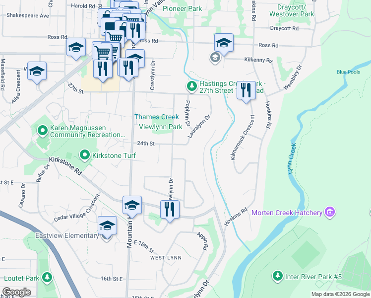 map of restaurants, bars, coffee shops, grocery stores, and more near 2426 Lauralynn Drive in North Vancouver