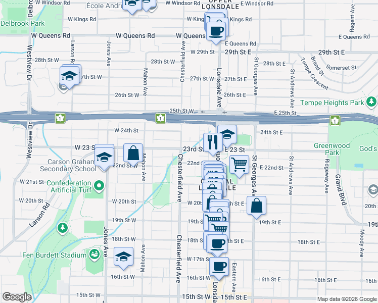 map of restaurants, bars, coffee shops, grocery stores, and more near 183 23rd Street West in North Vancouver