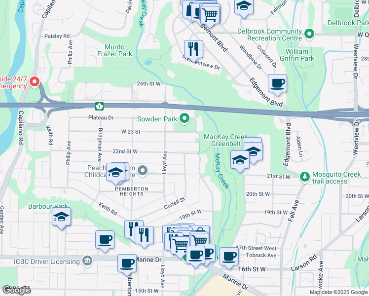 map of restaurants, bars, coffee shops, grocery stores, and more near 1038 West 22 Street in North Vancouver
