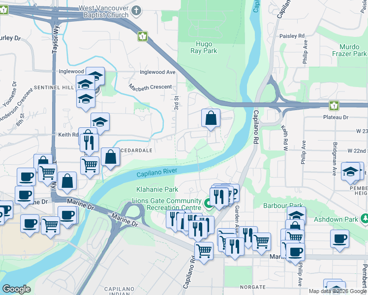 map of restaurants, bars, coffee shops, grocery stores, and more near 2020 Fullerton Avenue in North Vancouver