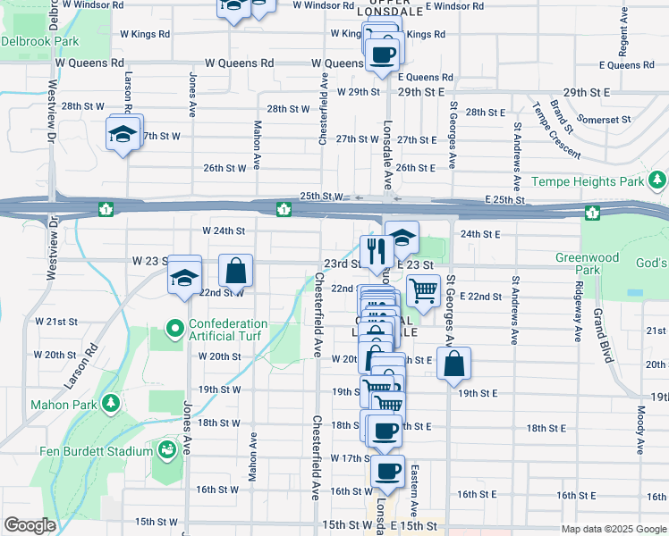 map of restaurants, bars, coffee shops, grocery stores, and more near 183 West 23 Street in North Vancouver