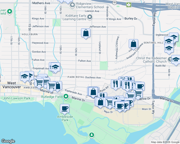 map of restaurants, bars, coffee shops, grocery stores, and more near 1104 Esquimalt Avenue in West Vancouver