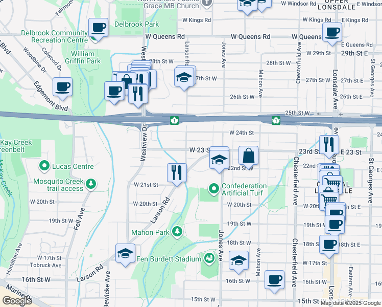 map of restaurants, bars, coffee shops, grocery stores, and more near 457 West 23 Street in North Vancouver