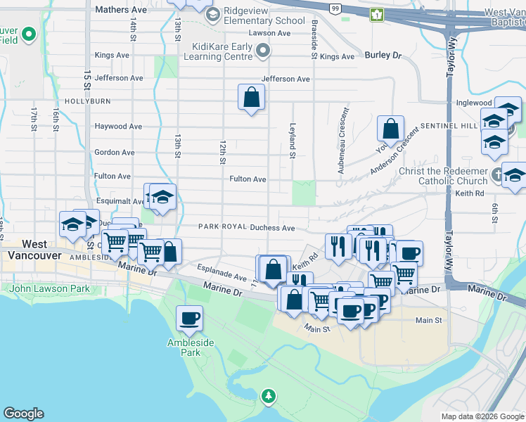 map of restaurants, bars, coffee shops, grocery stores, and more near 1104 Esquimalt Avenue in West Vancouver
