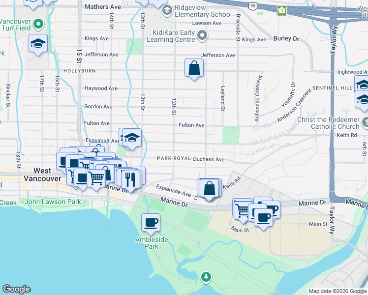 map of restaurants, bars, coffee shops, grocery stores, and more near 1168 Esquimalt Avenue in West Vancouver