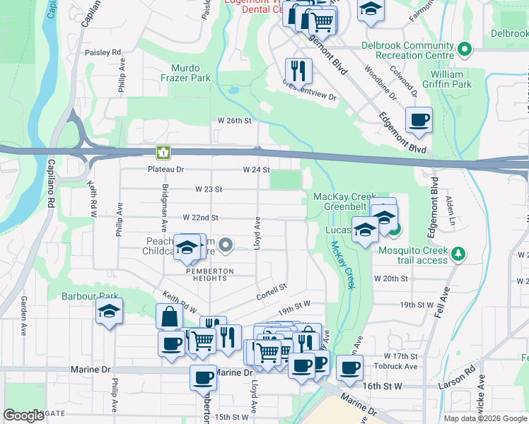 map of restaurants, bars, coffee shops, grocery stores, and more near 1092 West 22 Street in North Vancouver