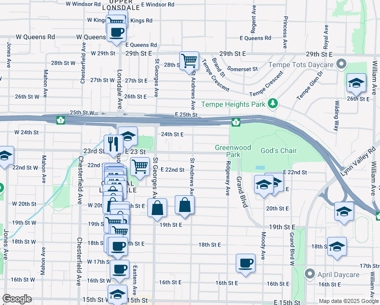 map of restaurants, bars, coffee shops, grocery stores, and more near 261 East 23rd Avenue in Vancouver