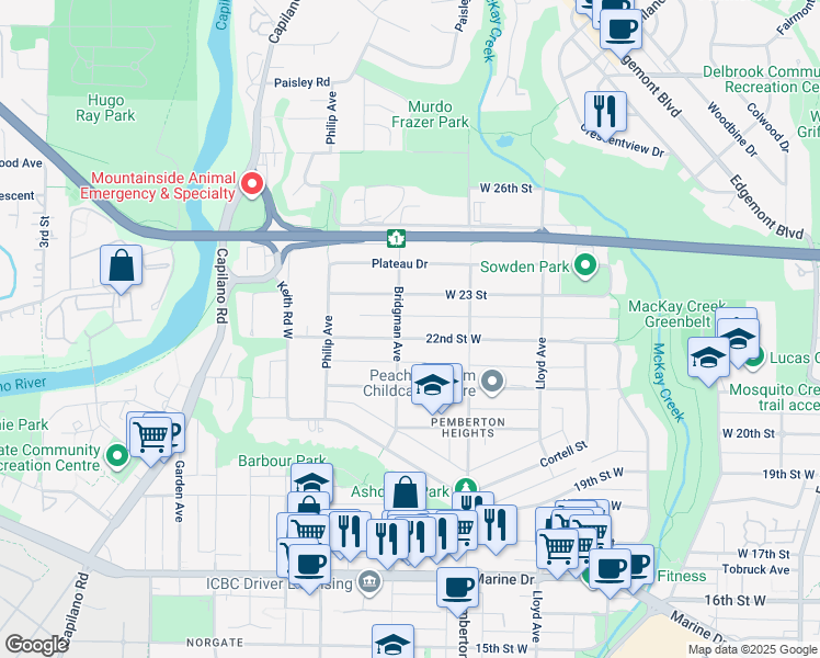 map of restaurants, bars, coffee shops, grocery stores, and more near 1288 West 22nd Street in North Vancouver