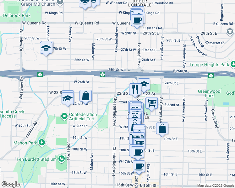 map of restaurants, bars, coffee shops, grocery stores, and more near in North Vancouver