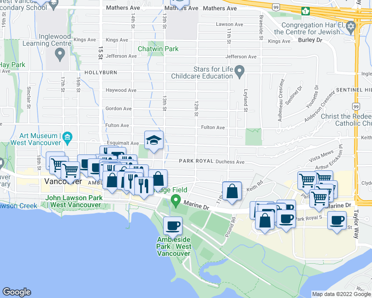 map of restaurants, bars, coffee shops, grocery stores, and more near 1230 Esquimalt Avenue in West Vancouver