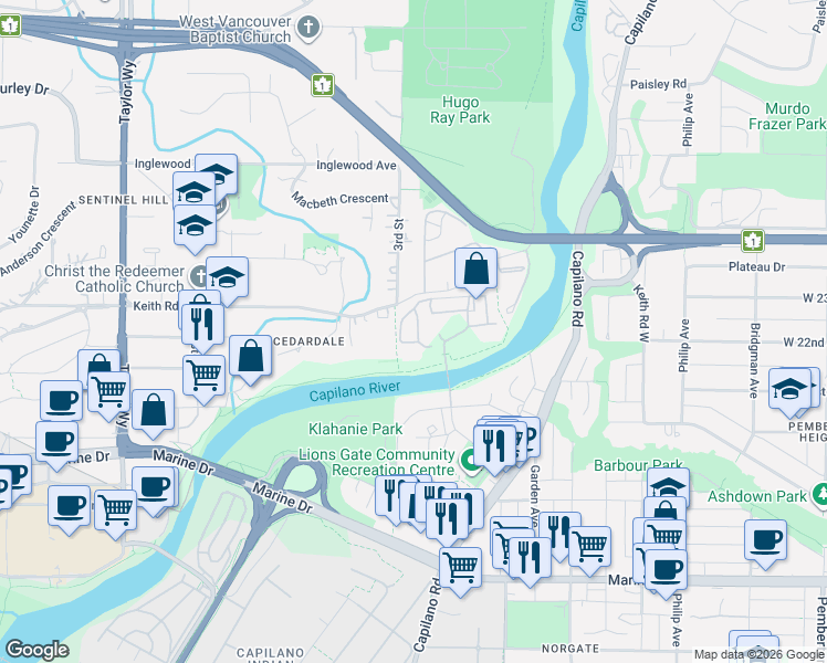 map of restaurants, bars, coffee shops, grocery stores, and more near in North Vancouver
