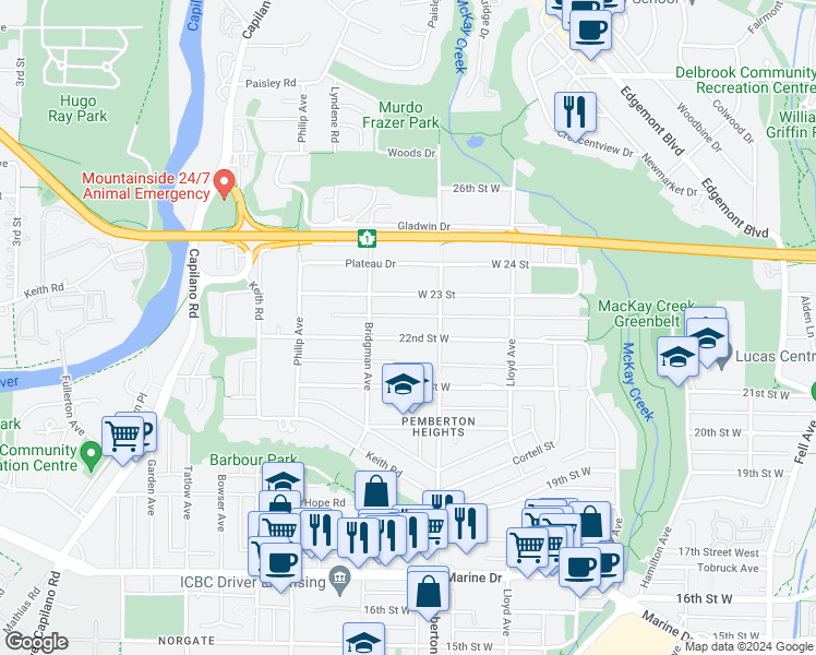 map of restaurants, bars, coffee shops, grocery stores, and more near 1254 West 22 Street in North Vancouver