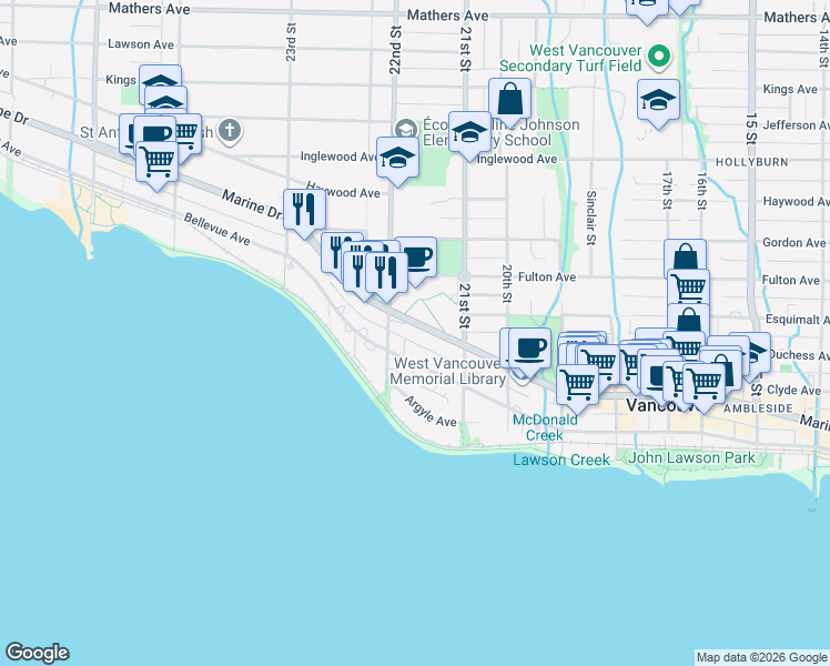 map of restaurants, bars, coffee shops, grocery stores, and more near 2168 Marine Drive in West Vancouver