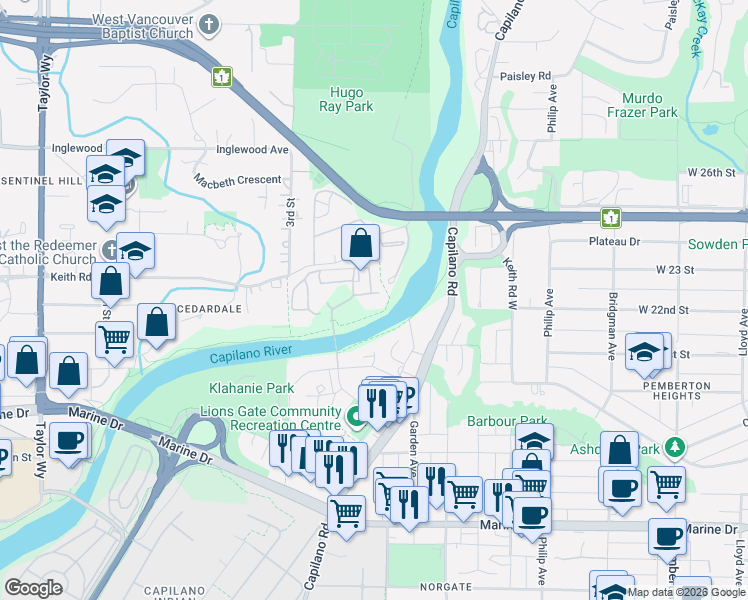 map of restaurants, bars, coffee shops, grocery stores, and more near 2004 Fullerton Avenue in North Vancouver