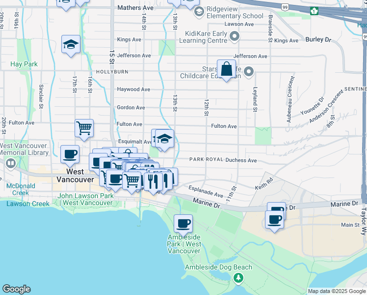 map of restaurants, bars, coffee shops, grocery stores, and more near 1274 Esquimalt Avenue in West Vancouver