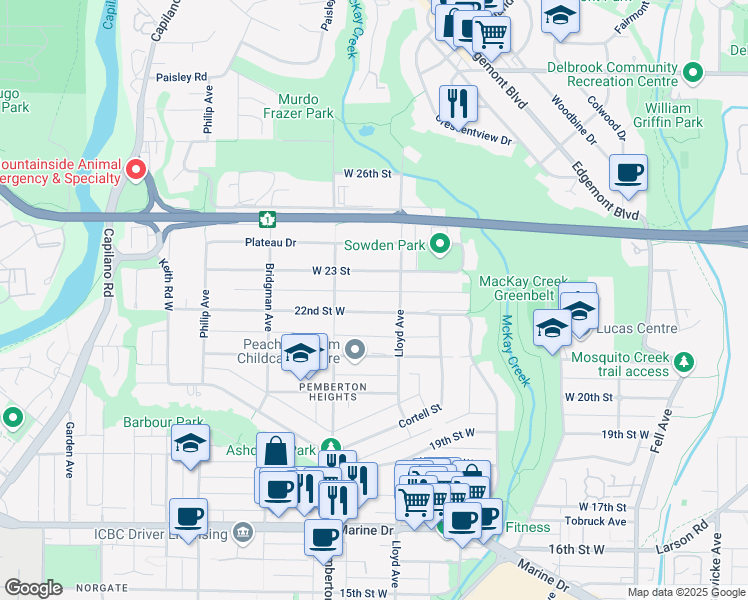 map of restaurants, bars, coffee shops, grocery stores, and more near 1136 West 22nd Street in North Vancouver