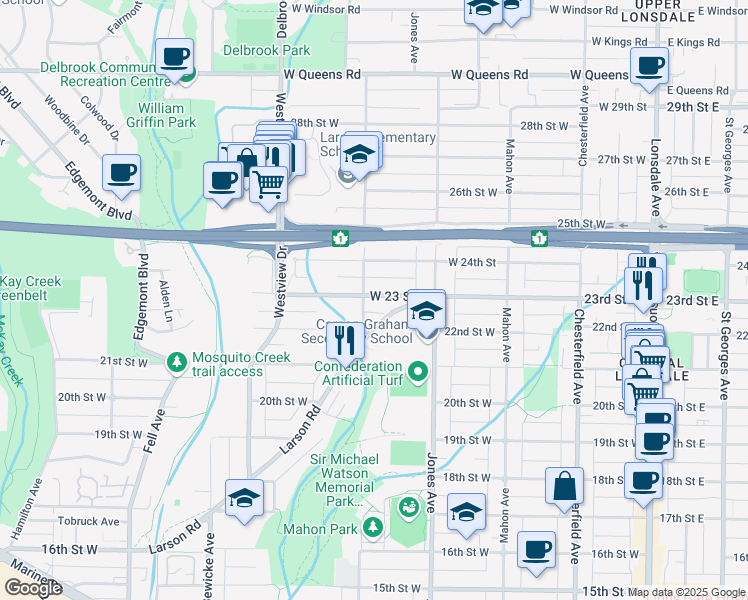 map of restaurants, bars, coffee shops, grocery stores, and more near 457 23rd Street West in North Vancouver