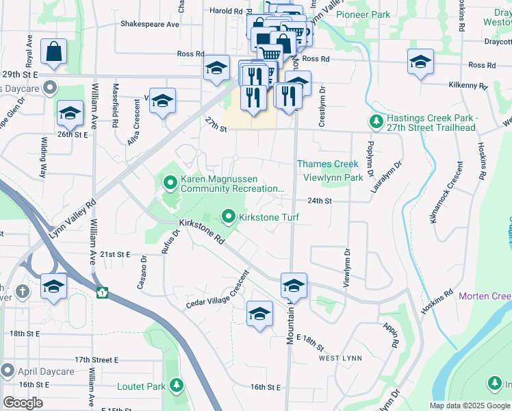 map of restaurants, bars, coffee shops, grocery stores, and more near 2304 Emery Court in North Vancouver