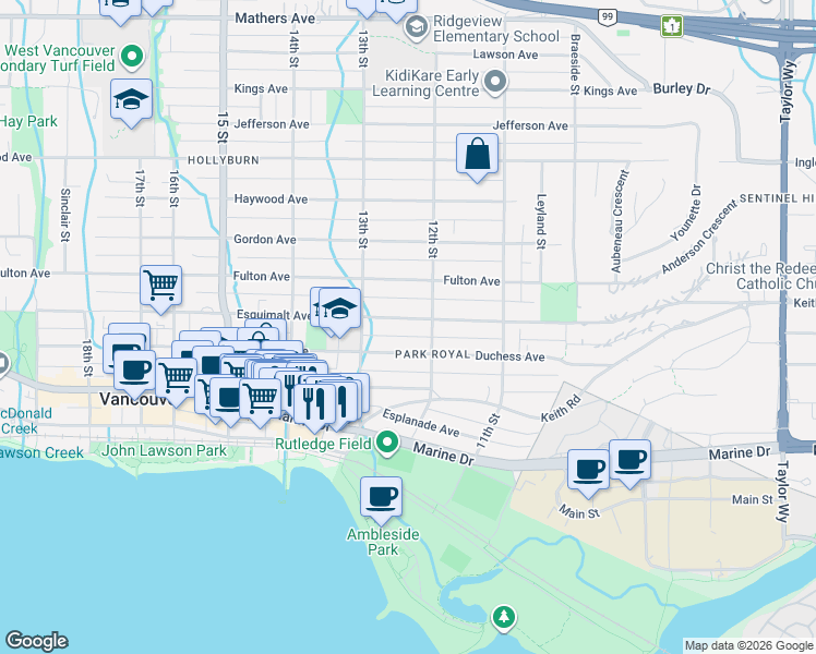 map of restaurants, bars, coffee shops, grocery stores, and more near 1230 Esquimalt Avenue in West Vancouver