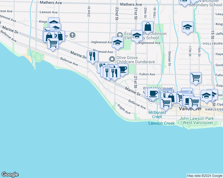 map of restaurants, bars, coffee shops, grocery stores, and more near 2203 Bellevue Avenue in West Vancouver