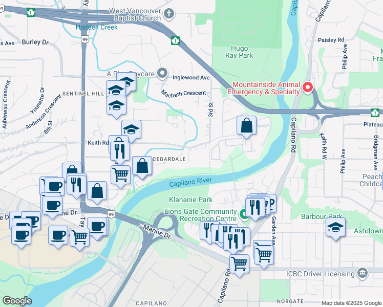 map of restaurants, bars, coffee shops, grocery stores, and more near 364 Keith Road in West Vancouver