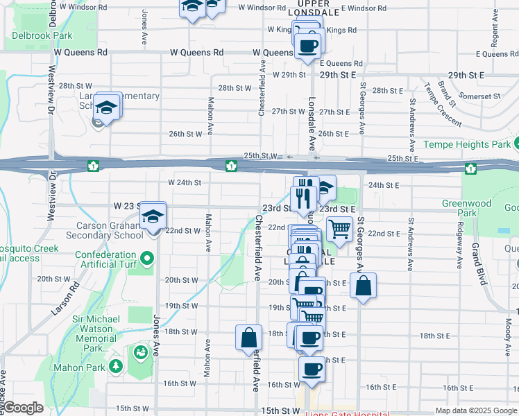 map of restaurants, bars, coffee shops, grocery stores, and more near 183 23rd Street West in North Vancouver