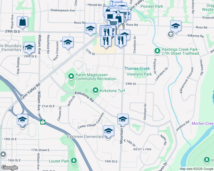 map of restaurants, bars, coffee shops, grocery stores, and more near 2322 Emery Court in North Vancouver