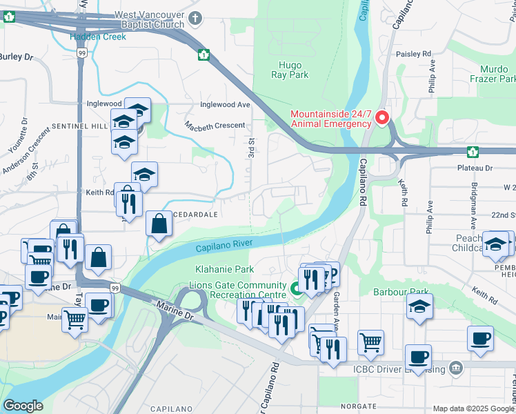 map of restaurants, bars, coffee shops, grocery stores, and more near 2020 Fullerton Avenue in North Vancouver