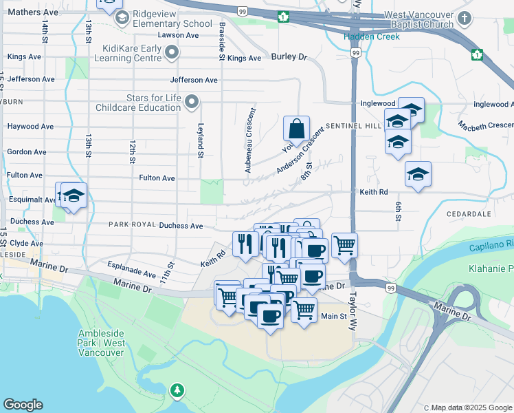 map of restaurants, bars, coffee shops, grocery stores, and more near 930 Esquimalt Avenue in West Vancouver