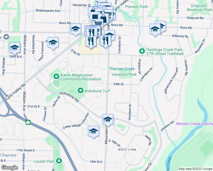 map of restaurants, bars, coffee shops, grocery stores, and more near 2393 Mountain Highway in North Vancouver