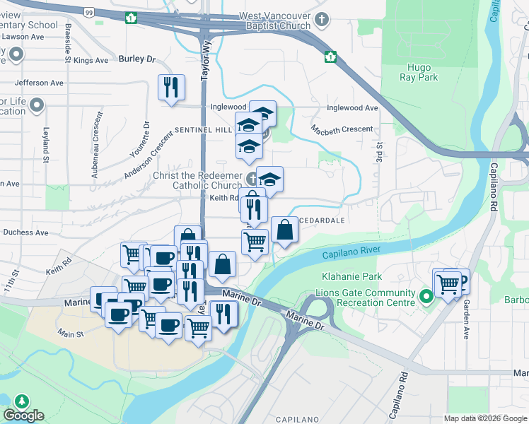 map of restaurants, bars, coffee shops, grocery stores, and more near 563 Esquimalt Avenue in West Vancouver