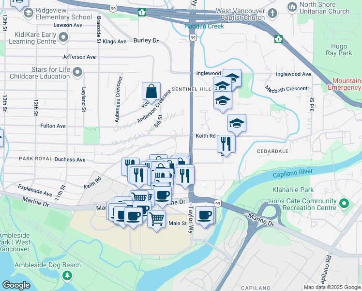 map of restaurants, bars, coffee shops, grocery stores, and more near 584 Arthur Erickson Place in West Vancouver