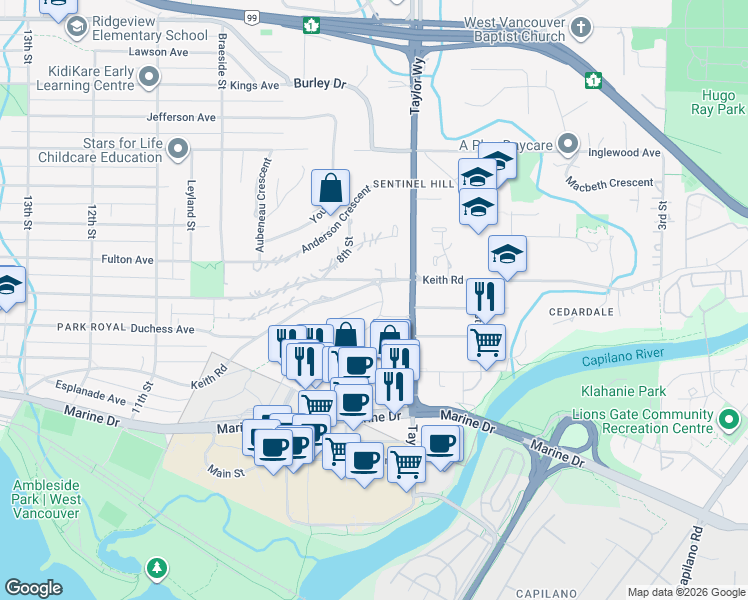 map of restaurants, bars, coffee shops, grocery stores, and more near in West Vancouver